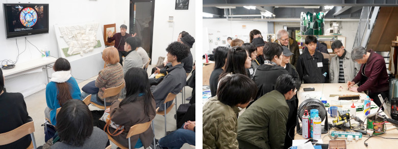 Left: Receiving a lecture on public art / Right: Touring the stained glass production site