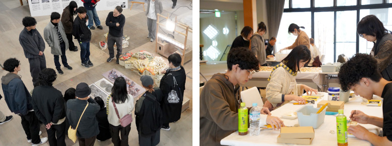 Left: Touring the ceramic relief production site / Right: Workshop to create artwork with ceramic panels and glass pieces